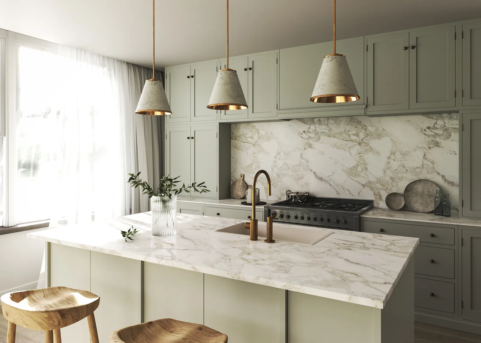 Kitchen with freshly painted cabinets as part of a renovation