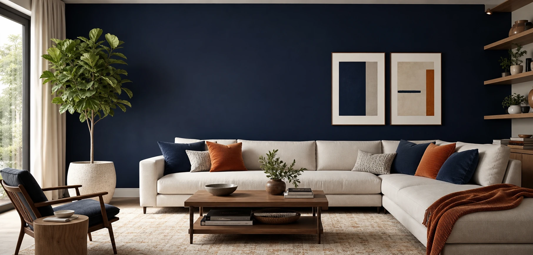 Finished interior room with deep blue paint and warm decor