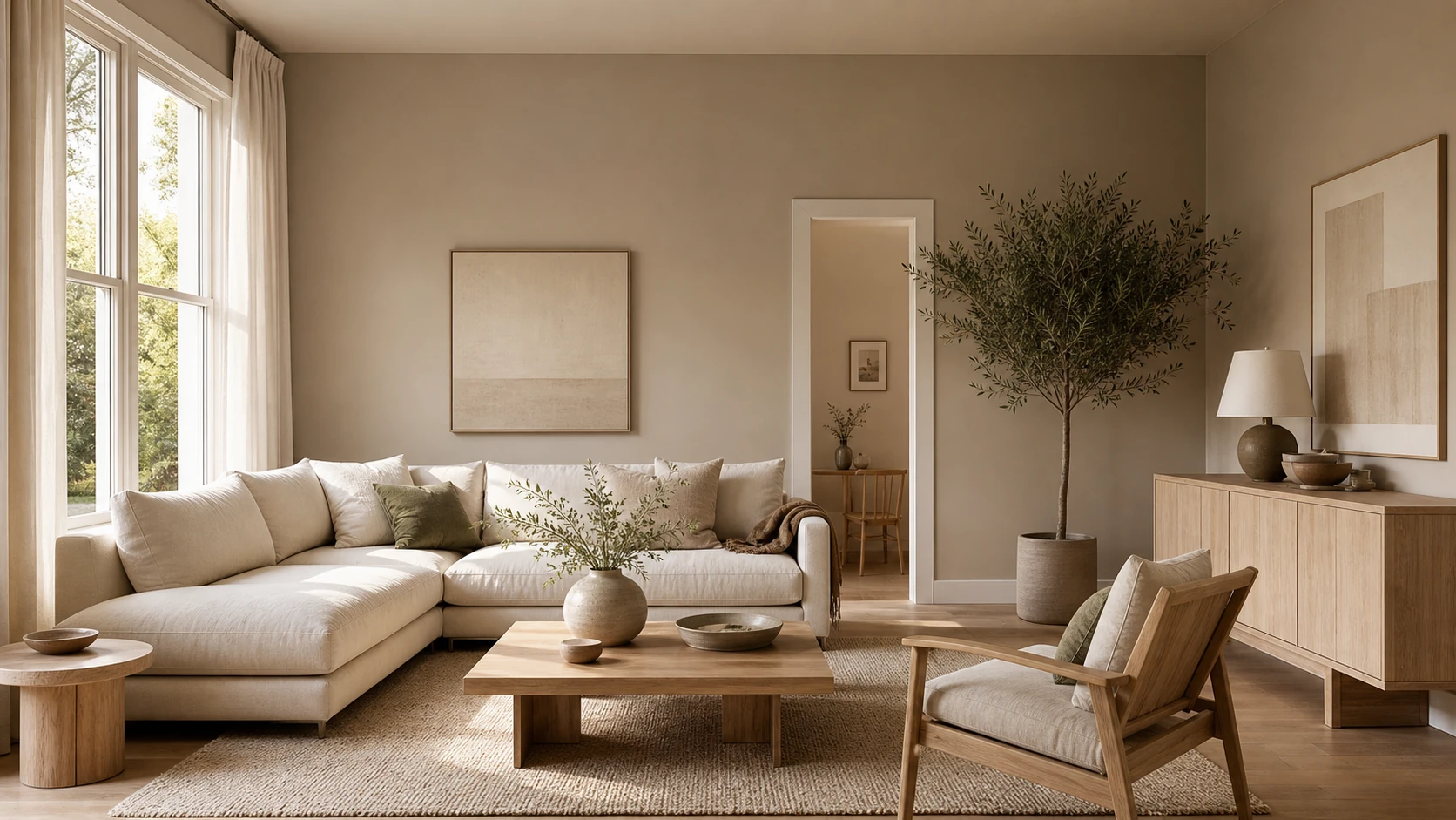 Warm neutral living room finished with fresh interior paint